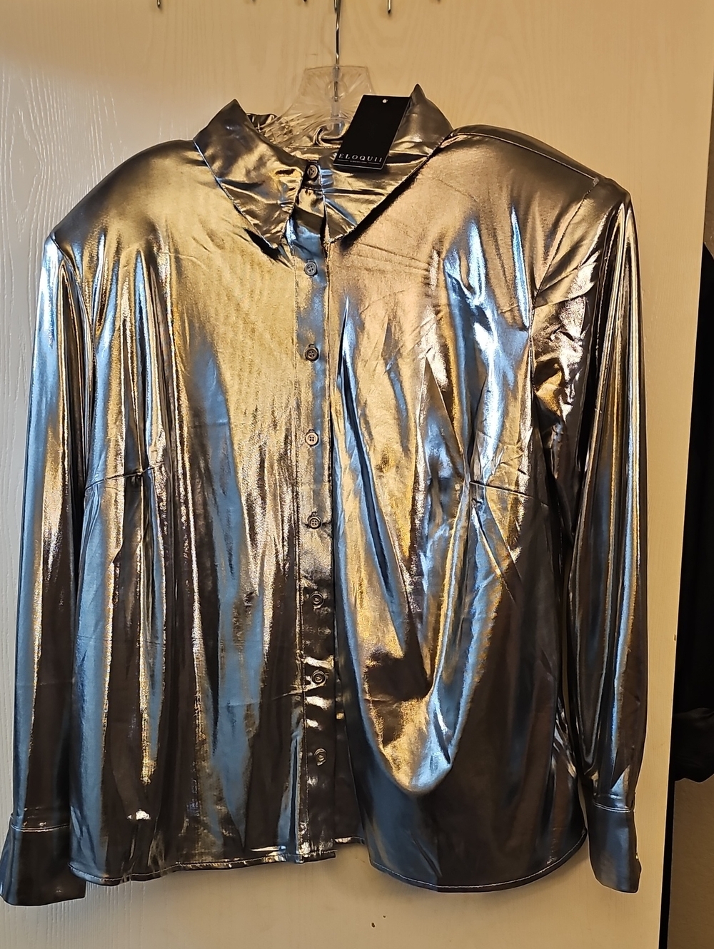 Eloquii Metallic Silver Button-Front Shirt Jacket